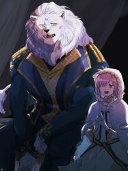 Rule 34 | 1boy, 1girl, absurdres, animal ears, bara, boggart (fate), commentary request, fangs, fate/grand order, fate (series), furry, furry male, gloves, hair over one eye, highres, lion boy, lion ears, lion mane, lion tail, looking at another, mash kyrielight, on bed, one eye covered, open mouth, pink hair, sawch cls, sitting, tail, white gloves, yellow eyes