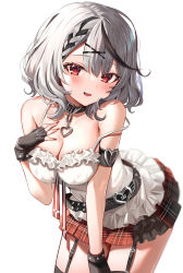 Rule 34 | 1girl, absurdres, arm belt, bare shoulders, belt, black choker, black gloves, black thighhighs, braid, breasts, camisole, choker, cleavage, cowboy shot, fang, fingerless gloves, frilled shirt, frills, garter straps, gloves, grey hair, hair ornament, hand on own chest, heart, highres, hololive, leaning forward, looking at viewer, loose belt, medium breasts, miniskirt, multicolored hair, open mouth, plaid, plaid skirt, pleated skirt, red eyes, red skirt, sakamata chloe, satoupote, shirt, short hair, simple background, skin fang, skirt, sleeveless, sleeveless shirt, smile, solo, spaghetti strap, strap slip, streaked hair, thighhighs, thighs, virtual youtuber, white background, white shirt, x hair ornament, zettai ryouiki