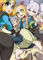 Rule 34 | 3girls, absurdres, alternate eye color, ass, barefoot, blonde hair, bongfill, braid, crossover, dungeon meshi, elf, frieren, green eyes, highres, holding hands, long hair, long sleeves, looking back, marcille donato, multiple girls, naughty face, nintendo, open mouth, pointy ears, princess zelda, short hair, smile, sousou no frieren, the legend of zelda, the legend of zelda: tears of the kingdom, thick eyebrows