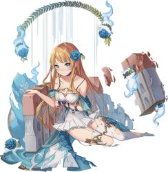 Rule 34 | 1girl, artist request, bare shoulders, blonde hair, blue dress, blue eyes, blush, breasts, caserta (oshiro project), cleavage, collarbone, dress, flower, full body, hair flower, hair ornament, long hair, looking at viewer, medium breasts, official art, oshiro project:re, oshiro project:re, smile, solo, tears, thighhighs, torn clothes, torn dress, transparent background, white thighhighs
