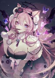 Rule 34 | 1girl, absurdres, animal ear fluff, animal ears, bell, breasts, butterfly hair ornament, cat ears, chinese knot, claws, cleavage, dark halo, diamond-shaped pupils, diamond (shape), dress, floral print, flower, fur (clothing), hair flower, hair ornament, halo, highres, indie virtual youtuber, jingle bell, koshika rina, large breasts, long hair, multicolored eyes, neck bell, parted lips, pink hair, second-party source, smile, solo, symbol-shaped pupils, tassel, upper body, very long hair, virtual youtuber, yuni nya