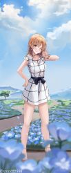Rule 34 | 1girl, ;), absurdres, blue sky, brown eyes, brown hair, closed mouth, cloud, commentary, day, dress, earrings, full body, hand on own hip, highres, isshiki iroha, jewelry, looking at viewer, medium hair, mountainous horizon, one eye closed, outdoors, short sleeves, sky, smile, smodzz998, solo, standing, tree, v, white dress, yahari ore no seishun lovecome wa machigatteiru.