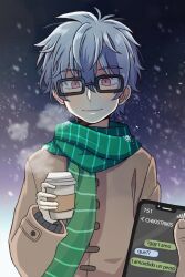 Rule 34 | 1boy, alternate costume, animification, breath, coffee, coffee cup, cup, disposable cup, glasses, holding, holding cup, iggy maxwell, male focus, our wonderland, outdoors, phone, red eyes, scarf, short hair, snow, snowing, solo, solo focus, spanish text, white hair, winter, winter clothes, ximsol182