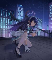 Rule 34 | 1girl, apron, black dress, black footwear, black hair, blue archive, building, city, commission, dress, gloves, gradient hair, gun, halo, highres, holding, holding gun, holding weapon, karin (blue archive), long hair, maid, maid headdress, multicolored hair, night, on one knee, outdoors, panties, purple hair, rifle, rooftop, shoes, short sleeves, skeb commission, sniper rifle, solo, umiwashi, underwear, weapon, white apron, white gloves, white panties, yellow eyes