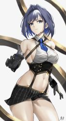 Rule 34 | 1girl, absurdres, bare shoulders, black gloves, black panties, black skirt, blue eyes, blue hair, blue necktie, bow, bow earrings, breasts, closed mouth, collared shirt, colored inner hair, cowboy shot, crop top, earrings, gloves, hair intakes, highres, hololive, hololive english, jewelry, keisuke desu~, medium breasts, midriff, multicolored hair, navel, necktie, ouro kronii, panties, shirt, short hair, sideboob, simple background, skirt, sleeveless, sleeveless shirt, solo, standing, underwear, virtual youtuber, white background, white shirt