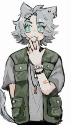 Rule 34 | 1girl, :3, androgynous, animal ears, bandaid, bandaid on arm, bracelet, cat ears, cat tail, ear piercing, green eyes, grey hair, grey shirt, hair ornament, hand up, highres, jewelry, looking to the side, nail polish, necklace, orange nails, original, parted bangs, piercing, ring, sahau228, shirt, solo, spiked hair, t-shirt, tail, vest, w, x hair ornament