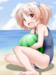 Rule 34 | 1girl, barefoot, beach, brown eyes, brown hair, child, day, fang, food, fruit, gradient background, hair bobbles, hair ornament, highres, ocean, one-piece swimsuit, onnorefo07, open mouth, original, ph-bu, school swimsuit, short hair, sitting, smile, solo, swimsuit, twintails, two side up, watermelon