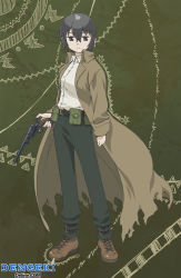 Rule 34 | 00s, 1girl, androgynous, belt pouch, boots, coat, cocked hammer, gun, handgun, kino (kino no tabi), kino no tabi, looking at viewer, pouch, reverse trap, revolver, short hair, solo, torn clothes, weapon