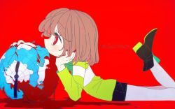 Rule 34 | 1girl, black footwear, black shorts, blood, boots, brown hair, chara (undertale), earth (planet), from side, green shirt, holding, long sleeves, looking up, lying, planet, red background, red eyes, shirt, short hair, shorts, simple background, soseji (tjduswjd), striped clothes, striped shirt, undertale