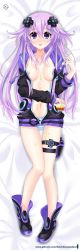 Rule 34 | 1girl, :d, adult neptune, areola slip, bare legs, blush, boots, breasts, collarbone, dakimakura (medium), female focus, food, food on body, food on legs, full body, hair between eyes, helvetica std, highres, holding, holding food, holding spoon, holster, hood, hooded jacket, jacket, knees together feet apart, long hair, looking at viewer, lying, medium breasts, navel, neptune (series), no bra, on back, open clothes, open jacket, open mouth, panties, pudding, purple eyes, purple hair, shin jigen game neptune vii, smile, solo, spoon, striped clothes, striped panties, thigh gap, thigh strap, underwear, very long hair, watermark, web address