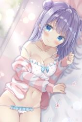 Rule 34 | 1girl, bare shoulders, bed sheet, blue eyes, blush, breasts, camisole, cleavage, closed mouth, commentary request, double bun, flower, frilled panties, frills, groin, hair bun, indoors, jacket, long hair, long sleeves, looking at viewer, lying, medium breasts, nail polish, navel, off shoulder, on side, open clothes, open jacket, original, panties, pillow, polka dot, polka dot camisole, polka dot panties, purple hair, purple nails, ribbon trim, saeki sora, sleeves past wrists, smile, solo, striped clothes, striped jacket, underwear, white camisole, white flower, white panties, window