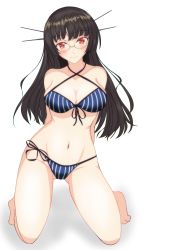 Rule 34 | 1girl, absurdres, barefoot, bikini, black hair, blue bikini, breasts, choukai (kancolle), commentary request, front-tie top, full body, glasses, groin, headgear, highres, kantai collection, kneeling, large breasts, long hair, looking at viewer, nitamako (sakamalh), red eyes, rimless eyewear, side-tie bikini bottom, simple background, solo, striped bikini, striped clothes, swimsuit, white background