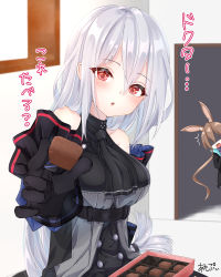 Rule 34 | 2girls, ^^^, amiya (arknights), amopui, animal ears, arknights, bad id, bad pixiv id, black dress, black gloves, black jacket, blush, box, box of chocolates, breasts, brown hair, buttons, chocolate, commentary, detached sleeves, double-breasted, dress, food, frilled sleeves, frills, gloves, hair between eyes, highres, holding, holding chocolate, holding food, jacket, long hair, looking at viewer, medium breasts, multiple girls, open mouth, outstretched hand, peeking out, ponytail, pov, rabbit ears, reaching, reaching towards viewer, red eyes, shaded face, signature, silver hair, sitting, skadi (arknights), skadi (elite ii) (arknights), solo focus, translated