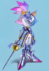 Rule 34 | 1girl, animal ears, armor, armored boots, blaze the cat, blue background, boots, breastplate, cat ears, cat girl, cat tail, furry, furry female, gauntlets, high heels, highres, holding, holding weapon, mochi paya, pants, percival (sonic), ponytail, purple fur, sonic (series), sonic and the black knight, tail, visor (armor), weapon, white pants