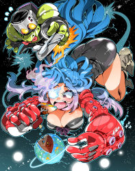 1girl android blue_hair blush bow bowtie breasts cleavage eating floating_hair fork gradient_hair holding holding_fork kafun large_breasts long_hair multicolored_hair original pink_eyes planet purple_hair red_bow red_bowtie robot space tagme teeth two-tone_hair upper_teeth_only