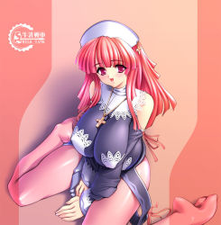 Rule 34 | 1girl, alternate breast size, bad anatomy, bad feet, breasts, cross, feet, gigantic breasts, gunner-l, hat, jewelry, la pucelle, latin cross, long hair, necklace, pantyhose, pink pantyhose, poorly drawn, prier, red eyes, red hair, smile, solo