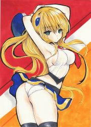 Rule 34 | 1girl, alternate breast size, arc system works, armpits, arms behind head, ass, beret, blazblue, blonde hair, breasts, green eyes, hat, highres, large breasts, legs, long hair, looking at viewer, midriff, noel vermillion, panties, pantyshot, skirt, solo, thick thighs, thighs, traditional media, underwear, wedgie, white panties
