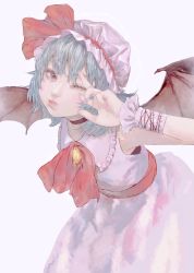 Rule 34 | 1girl, bat wings, black choker, blue background, bow, bowtie, choker, closed mouth, dress, fingernails, grey background, hand up, hat, hat bow, highres, leaning forward, looking at viewer, mob cap, nail polish, one eye closed, pink dress, pink hat, pink nails, puffy cheeks, purple eyes, red bow, red bowtie, remilia scarlet, simple background, solo, spread wings, toma (me666nm), touhou, w, w over eye, wings, wristband