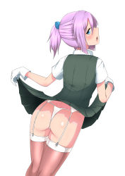 Rule 34 | 10s, 1girl, ass, blue eyes, blush, burusuta, clothes lift, from behind, garter belt, gloves, hair ornament, highres, kantai collection, looking at viewer, looking back, open mouth, pink hair, ponytail, school uniform, shiny skin, shiranui (kancolle), short hair, simple background, skirt, skirt hold, skirt lift, solo, thighhighs, thong, white background