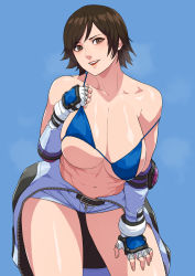 Rule 34 | absurdres, blue bra, bra, bra pull, breasts, brown eyes, brown hair, cirenk, clothes around waist, clothes pull, gloves, hand guard, hand on thigh, highres, kazama asuka, large breasts, short hair, sweatdrop, sweater, sweater around waist, tekken, tomboy, underwear
