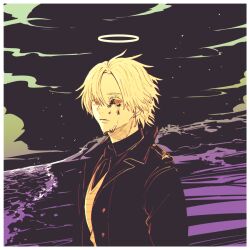 Rule 34 | 1boy, beach, black background, black coat, black eyes, blonde hair, cloud, coat, daybit sem void, fate/grand order, fate (series), halo, jacket, looking at viewer, male focus, nobicco, open clothes, open jacket, shirt, short hair, teardrop, trench coat, white shirt