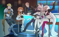 Rule 34 | 2boys, 4girls, :d, achilles (fate), agrius metamorphosis, ahoge, animal ear fluff, animal ears, arm up, armor, armored boots, asaya minoru, asymmetrical legwear, atalanta (fate), atalanta alter (fate), bar (place), bar stool, bartender, bikini, bikini under clothes, black-framed eyewear, black bikini, black footwear, black pants, black thighhighs, black vest, blue neckwear, blush, boots, bottle, breastplate, breasts, brown footwear, brown shirt, cat ears, cat girl, cat tail, checkered floor, cleavage, closed eyes, closed mouth, cocktail glass, collared shirt, crossed arms, crossed legs, cup, dress, dress swimsuit, drink, drinking glass, drunk, eyewear on head, facial hair, fang, fate/apocrypha, fate/grand order, fate (series), feet, fujimaru ritsuka (female), fujimaru ritsuka (female) (tropical summer), girl sandwich, glasses, gloves, green eyes, green hair, grin, hair between eyes, hair over one eye, high heel boots, high heels, holding, holding cup, indoors, jacket, james moriarty (archer) (fate), james moriarty (gray collar) (fate), jeanne d&#039;arc alter (swimsuit berserker) (fate), jeanne d&#039;arc (fate), jeanne d&#039;arc alter (fate), jeanne d&#039;arc alter (swimsuit berserker) (fate), long hair, long sleeves, mash kyrielight, medium breasts, multiple boys, multiple girls, mustache, nail polish, necktie, official alternate costume, one-piece swimsuit, open mouth, orange-tinted eyewear, orange shirt, pants, pauldrons, pink hair, pink legwear, purple nails, red gloves, sandals, sandwiched, shirt, short shorts, shorts, shoulder armor, shrug (clothing), single thighhigh, sleeves pushed up, smile, stool, sunglasses, sweat, swimsuit, swimsuit under clothes, tail, thighhighs, tinted eyewear, toenail polish, toenails, toes, tropical summer (fate), twitter username, uneven legwear, v-shaped eyebrows, very long hair, vest, wedge heels, white-framed eyewear, white dress, white hair, white jacket, white one-piece swimsuit, white shorts