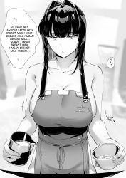 Rule 34 | 1girl, ?, absurdres, apron, bare arms, bare shoulders, breasts, collarbone, commentary, cup, english commentary, english text, greyscale, highres, holding, holding cup, iced latte with breast milk (meme), large breasts, long hair, looking at viewer, lynus, meme, monochrome, naked apron, naoko-san, original, sideboob, solo, sound effects, speech bubble, spoken question mark
