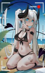 Rule 34 | 1girl, absurdres, anklet, arm strap, bare shoulders, bikini, black bikini, blue eyes, blue sky, breasts, bright pupils, cleavage, closed mouth, day, demon girl, demon horns, demon tail, earrings, full body, grey hair, highres, horns, huizhiyin, jewelry, leg tattoo, long hair, looking at viewer, medium breasts, multi-strapped bikini, navel, number tattoo, ocean, on ground, original, outdoors, pointy ears, sand, seashell, seiza, shell, sitting, sky, solo, starfish, stomach, swimsuit, tail, tattoo, twintails, very long hair, viewfinder, water