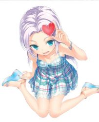 Rule 34 | 10s, 1girl, :d, aqua eyes, bare legs, boku wa tomodachi ga sukunai, buriki, collarbone, dress, from above, full body, hair ornament, heart, heart hair ornament, high heels, knees together feet apart, legs, looking at viewer, lowres, official art, open mouth, open shoes, sandals, scan, shoe dangle, shoes, silver hair, simple background, smile, sundress, takayama maria, wedge heels, white background