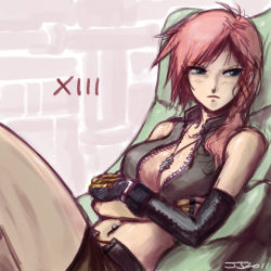 Rule 34 | 10s, 1girl, bare shoulders, blue eyes, breasts, cleavage, copyright name, crossed arms, elbow gloves, final fantasy, final fantasy xiii, gloves, jewelry, john joseco, legs, lightning farron, long hair, long legs, midriff, navel, navel piercing, necklace, open clothes, open shirt, piercing, pink hair, shirt, signature, sitting, sketch, solo, thighs, unzipped