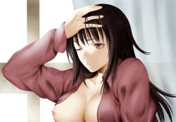 Rule 34 | 1girl, breast slip, breasts, brown eyes, brown hair, curtains, hand on own face, hand on own head, hangover, large breasts, long hair, morning, nipples, old-one, one breast out, one eye closed, open clothes, open shirt, original, shirt, solo, upper body, window, wink
