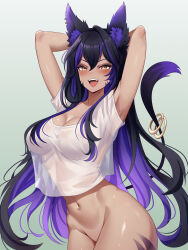 Rule 34 | 1girl, absurdres, animal ears, arms up, cat ears, female pervert, highres, hime tyan art, jersey, long hair, non-web source, pervert, solo, tail, teasing, very long hair, virtual youtuber