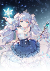 Rule 34 | 1girl, absurdres, blue eyes, blue hair, breasts, crystal, detached sleeves, fortissimo, framed breasts, glowing, hair ornament, hatsune miku, highres, light blue hair, long hair, musical note, musical note hair ornament, parted lips, small breasts, snowflakes, solo, staff, twintails, vocaloid, xiao duzi, yuki miku, yuki miku (2019)