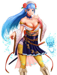 Rule 34 | 1girl, bare shoulders, blue eyes, blue hair, blush, boots, breasts, cleavage, cross-laced footwear, flaming skull, highres, japanese clothes, kimono, knee boots, lace-up boots, large breasts, long hair, looking at viewer, nail polish, original, otsukemono, pantyhose, parted lips, red nails, skull, smile, solo, teeth, white footwear, yellow pantyhose