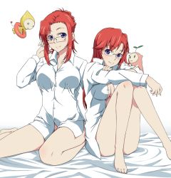Rule 34 | 00s, 10s, 2girls, ano natsu de matteru, barefoot, bed, blue eyes, breasts, creator connection, crossover, glasses, kazami mizuho, large breasts, long hair, marie (onegai teacher), medium breasts, multiple girls, naked shirt, onegai teacher, red hair, rinon (ano natsu de matteru), shirt, sitting, smile, takatsuki ichika, touryou