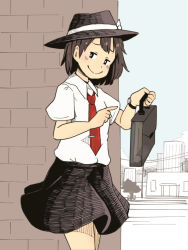 Rule 34 | 1girl, black eyes, black skirt, bow, brown hair, building, chii-kun (seedyoulater), city, collared shirt, fedora, hat, hat bow, looking to the side, necktie, pointing, power lines, red necktie, shirt, short hair, short sleeves, skirt, smile, solo, suitcase, tie clip, touhou, tree, usami renko, utility pole, watch, wristwatch