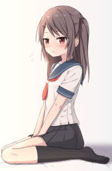 Rule 34 | 1girl, between legs, black skirt, black socks, blue sailor collar, blush, brown eyes, brown hair, commentary request, flying sweatdrops, full body, gradient background, grey background, hair ornament, hairclip, hand between legs, highres, long hair, looking at viewer, neckerchief, no shoes, one side up, original, parted lips, pleated skirt, red neckerchief, sailor collar, school uniform, serafuku, shirt, short sleeves, sitting, skirt, socks, solo, swept bangs, takasuma hiro, wariza, white background, white shirt