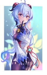 Rule 34 | 1girl, ahoge, bad id, bad twitter id, bare shoulders, bell, black pantyhose, blue gloves, blue hair, blush, breasts, chinese knot, cowboy shot, detached sleeves, finger to mouth, flower knot, ganyu (genshin impact), genshin impact, gloves, gold trim, highres, horns, iguyuzu, long hair, looking at viewer, medium breasts, neck bell, open mouth, pantyhose, purple eyes, sidelocks, smile, solo, standing, tassel, thighlet, thighs, vision (genshin impact), white sleeves