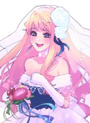 Rule 34 | 1girl, bare shoulders, blonde hair, blush, bouquet, breasts, bridal veil, cleavage, dress, earrings, eyebrows, flower, gloves, hair flower, hair ornament, happy, highres, jewelry, large breasts, long hair, macross, macross frontier, open mouth, sechi (stst1850), sheryl nome, single earring, sleeveless, sleeveless dress, solo, veil, wedding dress, white gloves