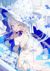 1girl :o absurdres animal_ear_fluff animal_ears arm_support bell bent_back bloomers blue_bow blue_eyes blue_flower blue_gemstone blue_ribbon blue_rose blunt_bangs blush book bow bra breasts cat_ears cat_girl cat_tail chest_harness choker cleavage coffin commentary_request cross fang flower front-tie_bra gem gloves grey_hair grimoire hair_bell hair_ornament hair_ribbon hand_up harness hat hat_ornament hat_ribbon heart heart_tail highres jewelry jingle_bell large_breasts long_hair looking_at_viewer multiple_hat_bows multiple_tails neck_bell neck_ribbon necklace negimapurinn original parted_lips pearl_necklace ribbon ribbon_as_bra rose see-through_clothes see-through_gloves sitting solo tail tail_bow tail_ornament two_tails underwear white_bloomers white_bra white_choker white_flower white_hat white_ribbon white_rose white_wrist_cuffs witch witch_hat wrist_cuffs yokozuwari