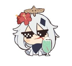 Rule 34 | 1girl, black scarf, blue hawaii, chibi, cocktail, cup, deal with it (meme), drinking glass, drinking straw, drinking straw in mouth, flower, genshin impact, hair flower, hair ornament, halo, hibiscus, hurricane glass, ice, ice cube, mechanical halo, meme, official art, paimon (genshin impact), paimon genshin7, red flower, scarf, short hair, sunglasses, tropical drink, white hair