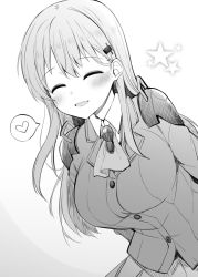 Rule 34 | 10s, 1girl, ascot, blazer, blush, breasts, closed eyes, grey background, greyscale, hair ornament, hairclip, heart, highres, image sample, jacket, kantai collection, long hair, monochrome, resolution mismatch, rui shi (rayze ray), school uniform, skirt, solo, source larger, star (symbol), suzuya (kancolle)