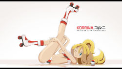 Rule 34 | 1girl, ;), blonde hair, blue eyes, breasts, character name, creatures (company), full body, game freak, hair between eyes, highres, korrina (pokemon), large breasts, leg up, long hair, looking at viewer, lying, midriff, nintendo, on back, on ground, one eye closed, poke ball, pokemon, pokemon xy, ponytail, roller skates, skates, smile, solo, thighs, vivivoovoo, white background
