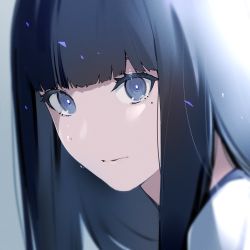 Rule 34 | 1girl, absurdres, black hair, blue eyes, blue theme, blunt bangs, closed mouth, crying, crying with eyes open, film grain, highres, looking at viewer, mole, mole under eye, original, portrait, solo, tears, upper body, urata asao