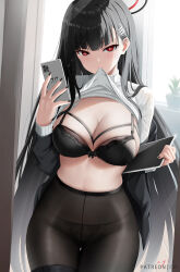 Rule 34 | 1girl, black bra, black hair, black jacket, black panties, black pantyhose, blue archive, blush, bra, breasts, cellphone, cleavage, clothes lift, cyicheng, hair ornament, hairclip, halo, jacket, large breasts, long hair, long sleeves, looking at viewer, mouth hold, off shoulder, open clothes, open jacket, panties, panties under pantyhose, pantyhose, phone, red eyes, ribbed sweater, rio (blue archive), smile, solo, sweater, tablet pc, thighs, turtleneck, turtleneck sweater, underwear, very long hair, white sweater