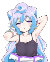 Rule 34 | 1boy, :o, armpits, arms up, black tank top, blue hair, collarbone, gloves, hacka doll, hacka doll 3, healthyman, long hair, looking at viewer, male focus, purple eyes, simple background, solo, tank top, trap, white background, white gloves