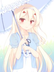 Rule 34 | 1girl, ayanami (azur lane), azur lane, blonde hair, blue ribbon, blue shirt, blush, casual, closed mouth, collarbone, commentary request, dress, frilled umbrella, frills, hair between eyes, hair ornament, hairband, hairclip, hands up, highres, holding, holding umbrella, long hair, looking at viewer, neck ribbon, puffy short sleeves, puffy sleeves, red eyes, ribbon, sakurato ototo shizuku, see-through, shirt, short sleeves, smile, solo, two-handed, umbrella, upper body, very long hair, white dress, white hairband, white umbrella