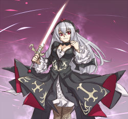 Rule 34 | 00s, 1girl, breasts, cowboy shot, hairband, holding, holding sword, holding weapon, houtengeki, long hair, looking at viewer, pink background, red eyes, rozen maiden, silver hair, simple background, small breasts, smile, solo, standing, suigintou, sword, weapon