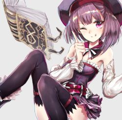 Rule 34 | 1girl, ;q, bad id, bad pixiv id, bare shoulders, belt, book, detached sleeves, fate/grand order, fate (series), flat chest, hat, helena blavatsky (fate), looking at viewer, one eye closed, purple eyes, purple hair, sefirot, short hair, smile, solo, strapless, swav, thighhighs, tongue, tongue out, tosk (swav-coco)