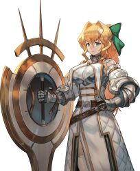 Rule 34 | 1girl, armor, belt, blonde hair, bow, breasts, detached sleeves, gauntlets, green eyes, hair bow, highres, lack, large breasts, maglam lord, ponytail, shield, smile, solo